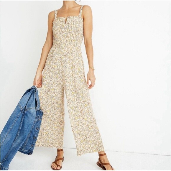 Madewell Pintuck Ruffle Jumpsuit Women’s 12 Cream Floral Cottagecore Romantic - Picture 1 of 16